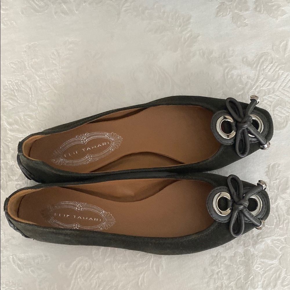Elie Tahari Dark Green Suede Flats with Bow Detail